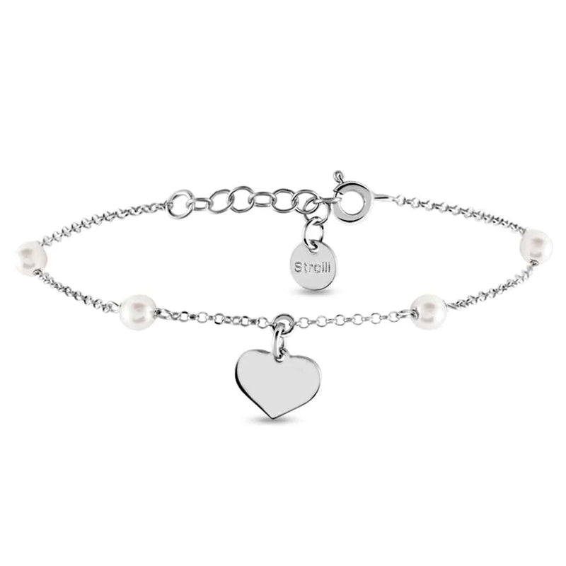 Stroili Silver Heart Chain Bracelet: delicate silver chain bracelet with small heart charm, round tag and pearl-like beads