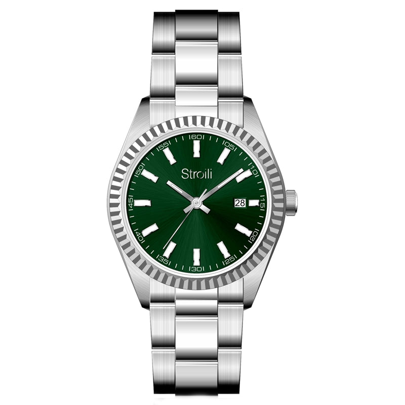 Stroili Silver Metal Watch: watch with green-accented dial and date display, brushed finish