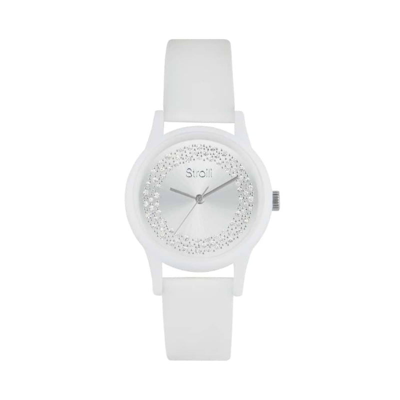 Stroili Silver Minimalist Wristwatch: white dial silver dress wristwatch with crystal bezel and white silicone strap