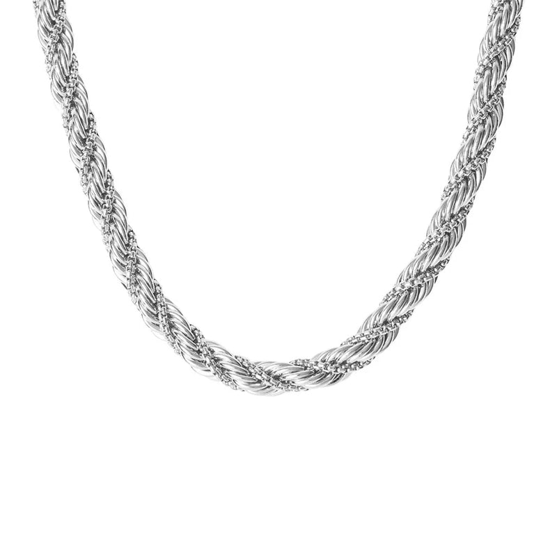 Stroili Silver Rope Necklace: polished silver twisted rope chain necklace, close-up showing woven links and clasp