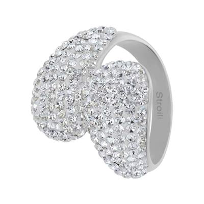 Close-up of silver statement ring with clear crystal pavé on polished metal band, modern design for Women