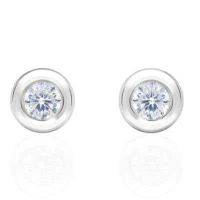 Pair of silver round stud earrings each set with a single clear gemstone on reflective metal surface