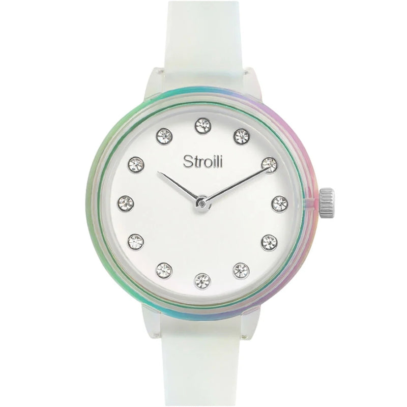 Stroili Transparent Bezel Fashion Watch: white-dial minimalist watch with transparent bezel and multicolor ring