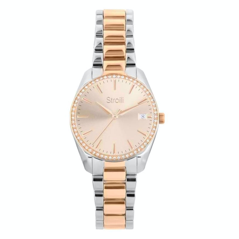 Two-tone rose gold and silver metal wristwatch with crystal-studded bezel and date display on bracelet band