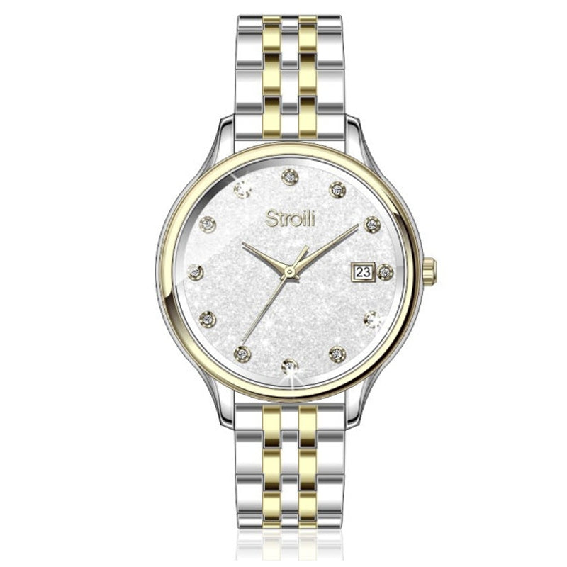 Two-tone silver and gold wrist watch with white dial and crystal hour markers for Women