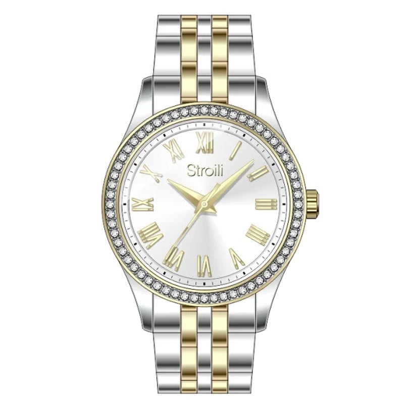 Stroili Two-Tone Dress Watch: silver and gold dress watch with crystal-studded bezel and Roman numeral dial for women