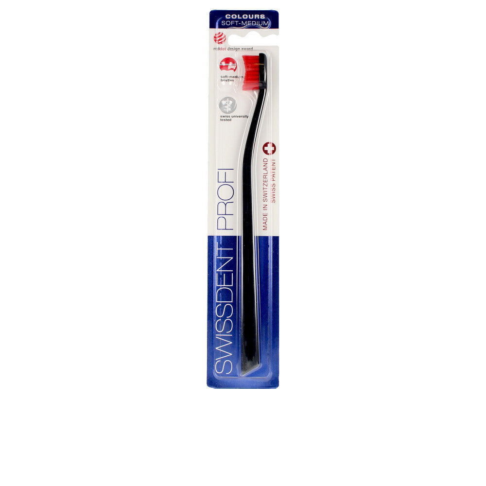 Black and red compact toothbrush with spoon-cut dense nylon bristles